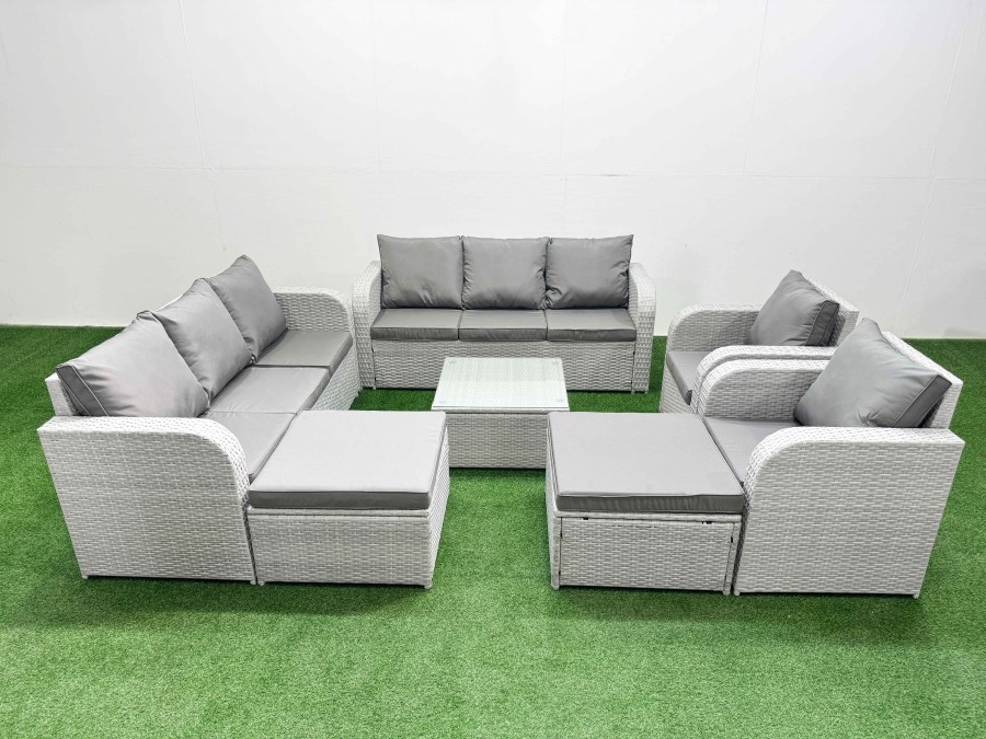 Click to view product details and reviews for Fimous Pe Rattan High Back Lounge Sofa Set Patio Square Coffee Table Chairs Set With 3 Seater Sofa Reclining Chair 2 Big Footstool Light Grey.