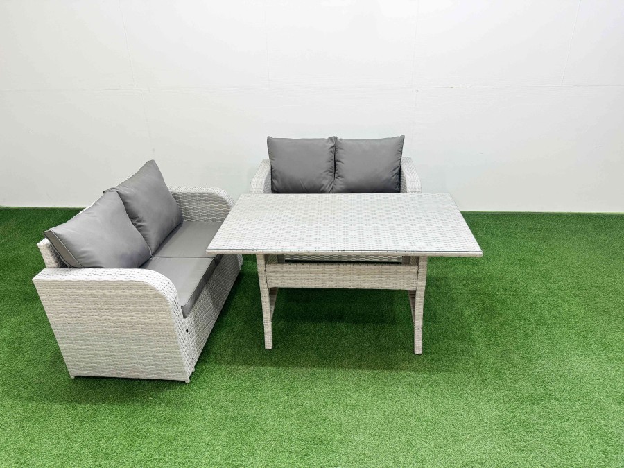 Click to view product details and reviews for Fimous 4 Seater Outdoor Love Sofa Set Rattan Garden Furniture Set With Rectangular Dining Table Light Grey.