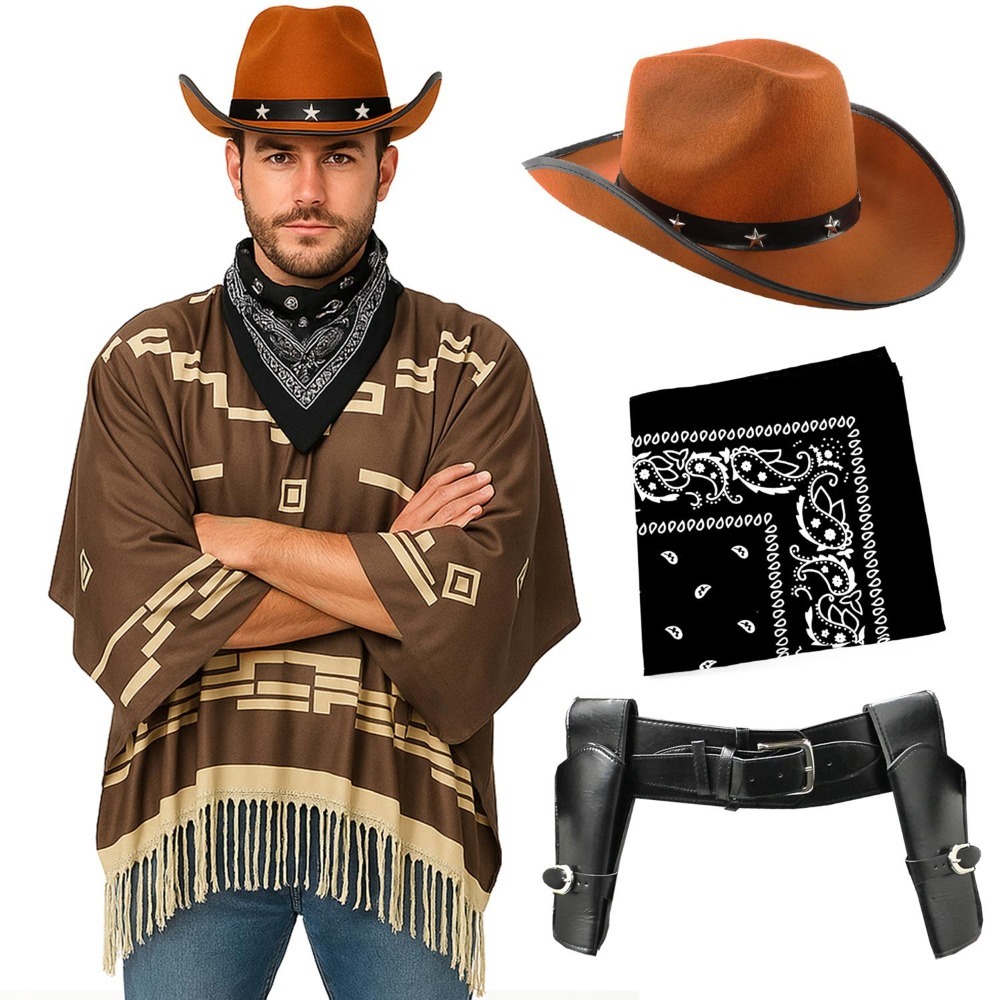 Click to view product details and reviews for Adults Wild Western Costume 4 Pcs Brown Poncho Black Bandana Holster Brown Star Studded Cowboy Hat Standard.