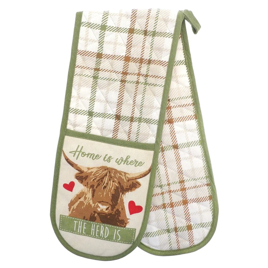 Highland Cow Double Oven Glove Red Hearts Green Brown Tartan