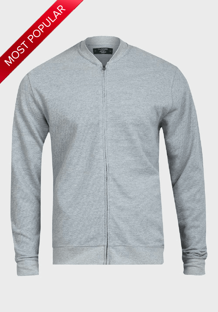 De La Creme Man Pique Grey Long Sleeve Zip Up Bomber Jacket Grey Small