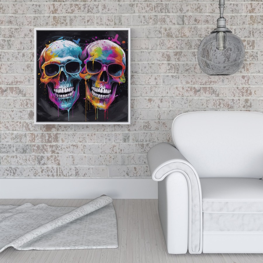 Click to view product details and reviews for Splashart Happy Skeletons In Glasses Framed Canvas 16 X 16 White.