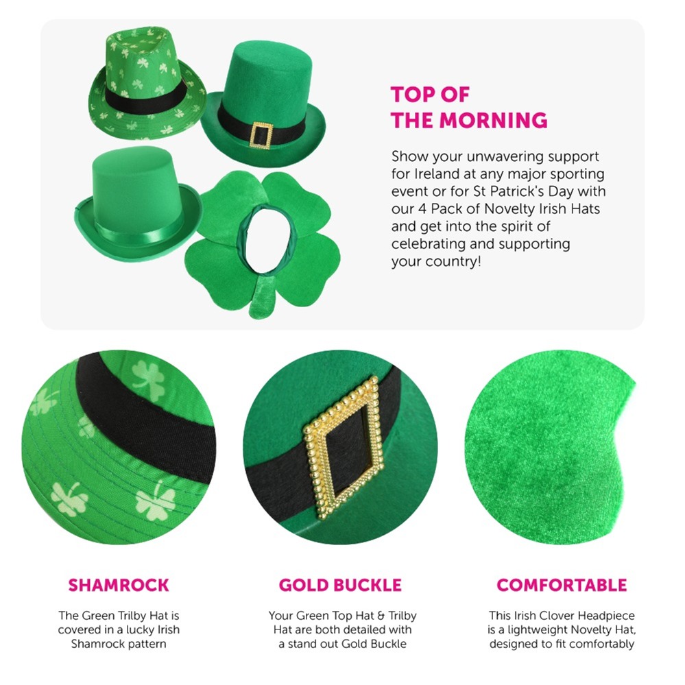 4 Pack Irish Novelty Hats - Clover, trilby, Satin & Buckle Top Hats