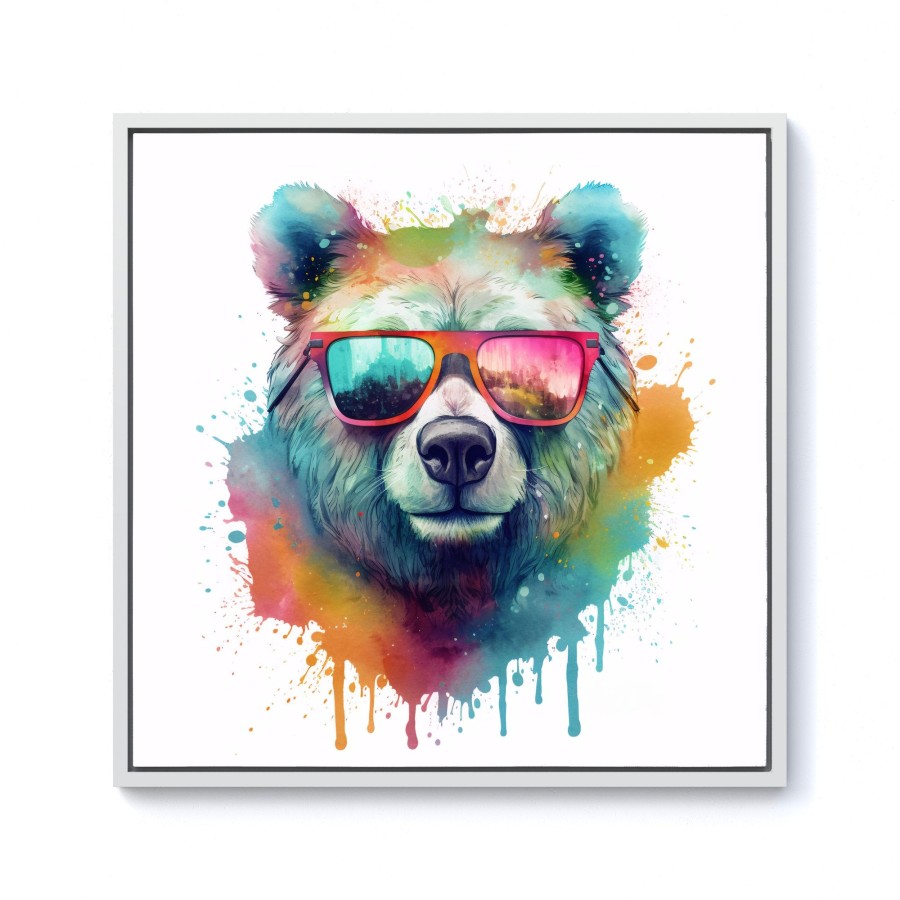 Splashart Colourful Bear In Glasses Framed Canvas