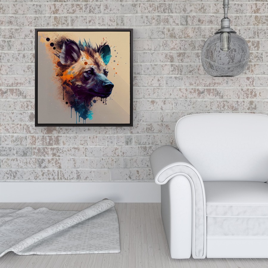 Click to view product details and reviews for Hyena Face Splashart Light Background Framed Canvas 16 X 16 Black.