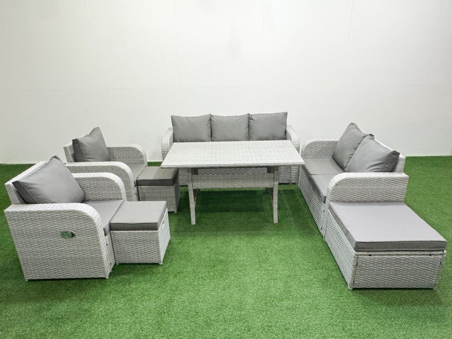 Click to view product details and reviews for Fimous Pe Rattan Garden Furniture Set Reclining Chair Sofa Double Love Seat 2 Seater Sofa Lounge Set Rectangular Dining Table 3 Stools Light Grey.