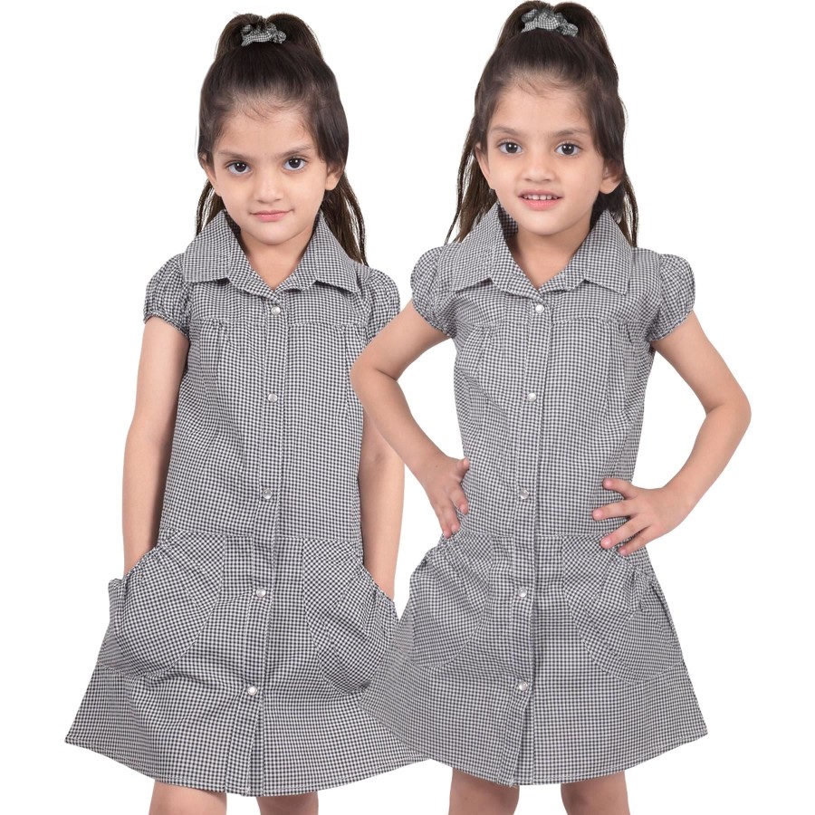 Click to view product details and reviews for Kids Girls Pack Of 2 Uniform School Dress Gingham Dress With Matching Scrunchies 7 8 Years Black.