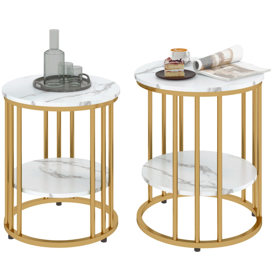 Click to view product details and reviews for Homcom Round Coffee Table Set Of 2 Marble Effect Side Tables With Storage Open Shelf And Steel Frame For Living Room Bedroom Gold Tone.