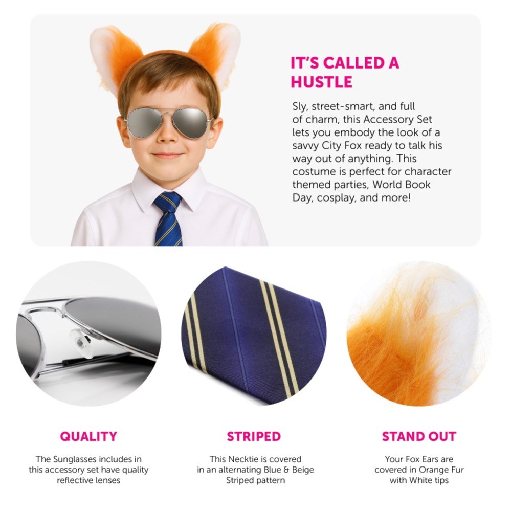 Nick Fox Costume | 5 Pcs | Ears, Tie, Face Paint, Thin Tail & Sunglasses