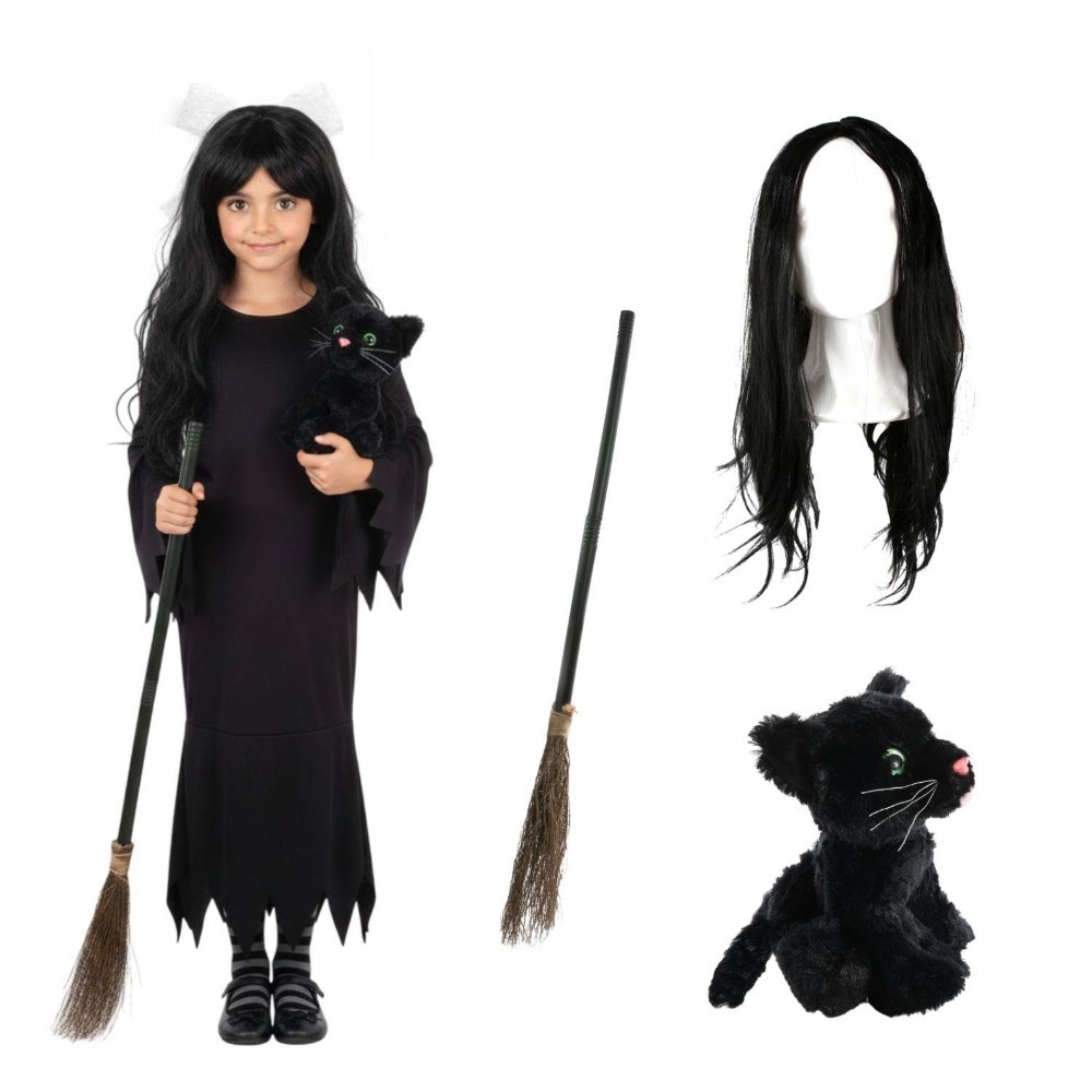 Click to view product details and reviews for Girls Hooky Witch Costume 4 Pcs Dress Broom Cat Toy Wig Large.