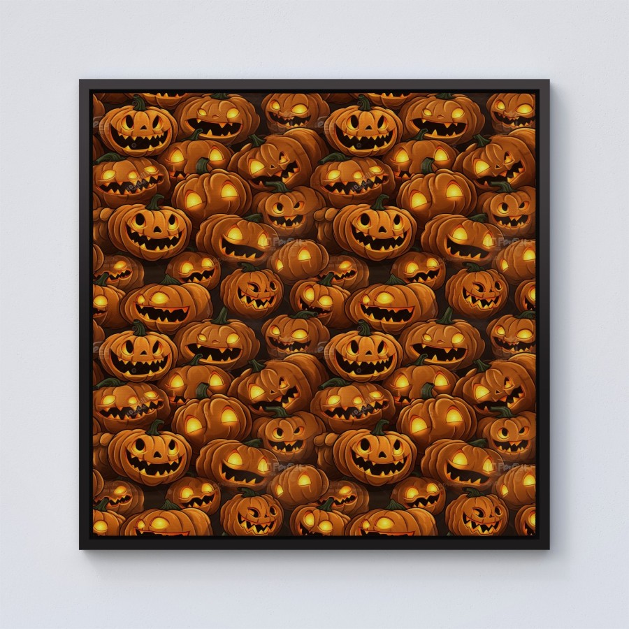 Click to view product details and reviews for Grinning Lanterns Pumpkins With Glowing Eyes Framed Canvas 10 X 10 Black.