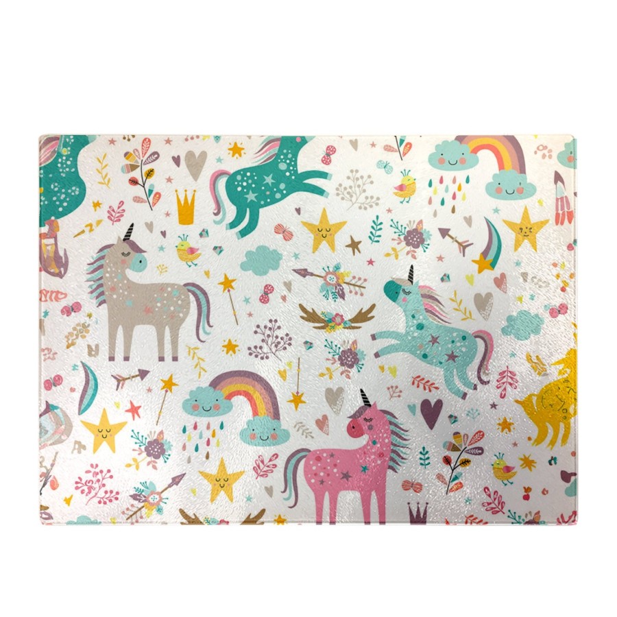 Unicorn And Rainbows Glass Chopping Board