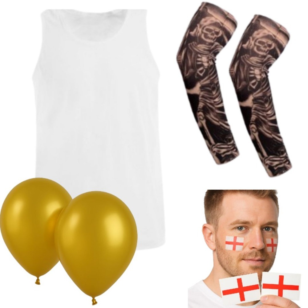Mens David Beckham Costume | 4 Pcs | Vest, Face Tattoos, Sleeve Tattoos & Gold Baloons