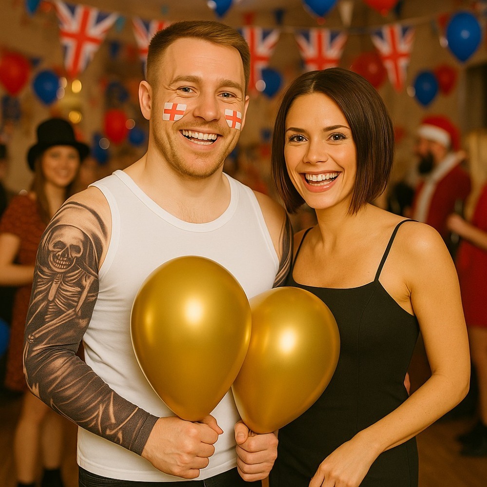 Mens David Beckham Costume | 4 Pcs | Vest, Face Tattoos, Sleeve Tattoos & Gold Baloons