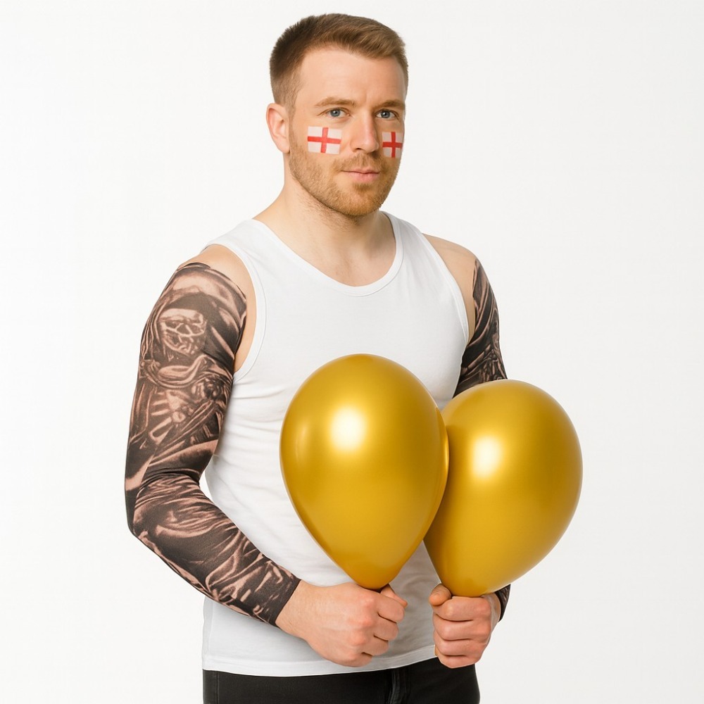 Click to view product details and reviews for Mens David Beckham Costume 4 Pcs Vest Face Tattoos Sleeve Tattoos Gold Baloons Large.