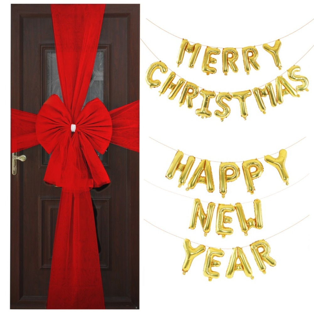 Merry Christmas Happy New Year Balloon Banner with Red Door Bow