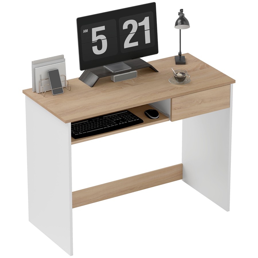 Click to view product details and reviews for Homcom Compact Computer Desk With Keyboard Tray Home Office Desk With Drawer For Bedroom Study Oak.