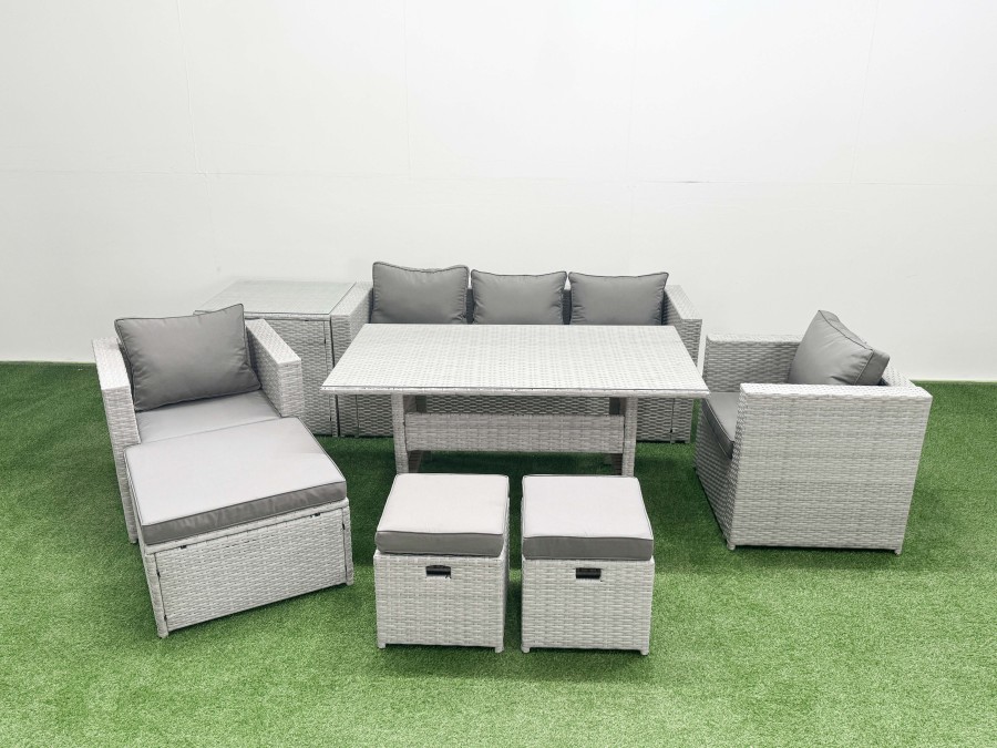 Click to view product details and reviews for Fimous Garden Dining Set Outdoor Rattan Furniture Set With Sofa Dining Table 2 Chairs 3 Footstools Side Table Light Grey Mixed.