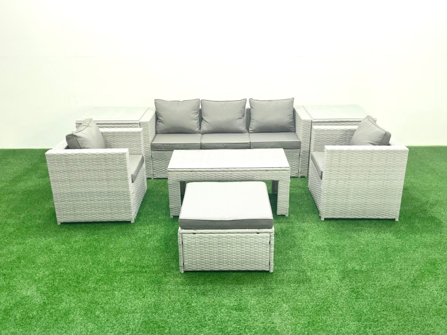 Click to view product details and reviews for Fimous Rattan Garden Furniture Set 7 Pieces Outdoor Garden Sofa Oblong Coffee Table Set With 2 Chairs 2 Side Tabes Stool Light Grey Mixed.