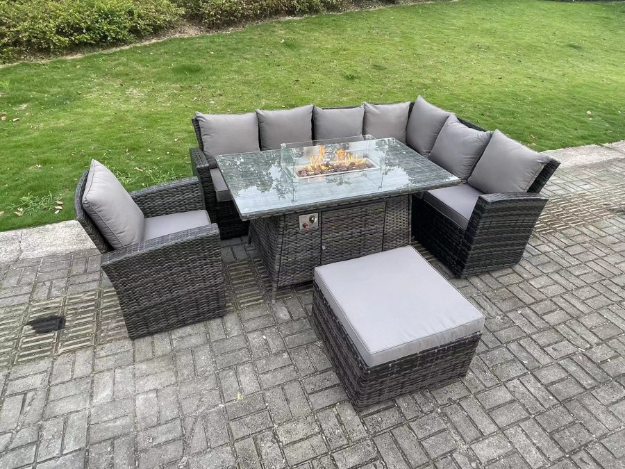 Click to view product details and reviews for Fimous 8 Seateroutdoor Rattan Gas Fire Pit Sofa Dining Set Garden Furniture Heater Dining Table Chair Dark Grey Mixed Right Side.