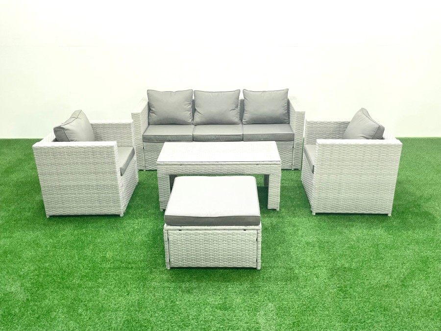 Click to view product details and reviews for Fimous Rattan Garden Furniture Set 5 Pieces Outdoor Garden Sofa Oblong Coffee Table Set With 2 Chairs Stool Light Grey Mixed.