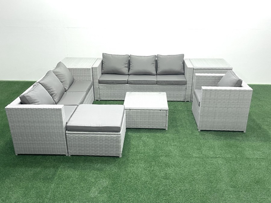 Click to view product details and reviews for Fimous Wicker Pe Rattan Sofa Garden Furniture Set With Armchair Square Coffee Table Big Footstool 2 Side Tables Light Grey Mixed.