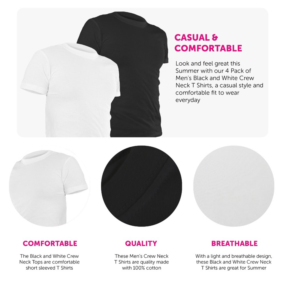 4 Pack Black & White Crew Neck T Shirt