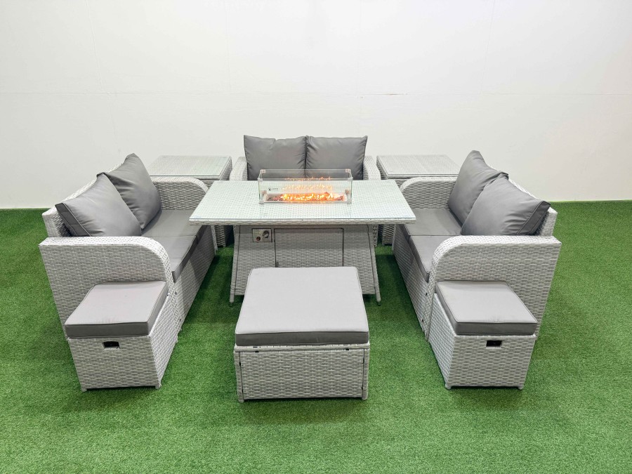 Click to view product details and reviews for Fimous 9 Seater Pe Wicker Rattan Furniture Sofa Sets With Firepit Dining Table 2 Seater Love Sofa 3 Stool 2 Side Table Light Grey.