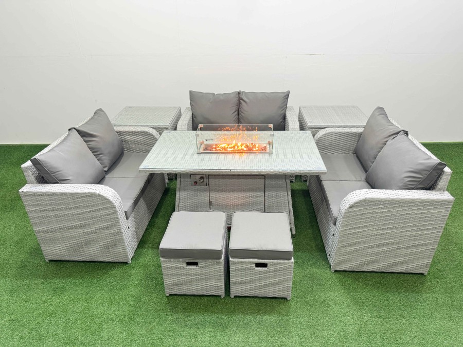 Click to view product details and reviews for Fimous 8 Seater Pe Wicker Rattan Furniture Sofa Sets With Firepit Dining Table 2 Seater Love Sofa 2 Stool 2 Side Table Light Grey.