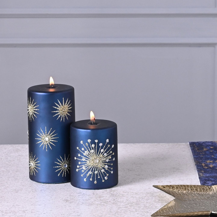 Decorative Pillar Candle Festive Blue Gold Glitter Christmas Table Decoration Home Decor