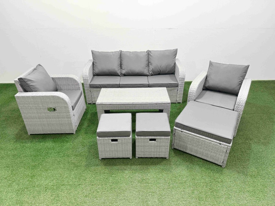 Click to view product details and reviews for Fimous Pe Rattan Garden Furniture Set Reclining Chair Sofa Lounge Sofa Set Rectangular Coffee Table 3 Stools Light Grey. Click to view product details and reviews for Fimous Pe Rattan Garden Furniture Set Reclining Chair Sofa Lounge Sofa Set Rectangular Coffee Table 3 Stools Light Grey.