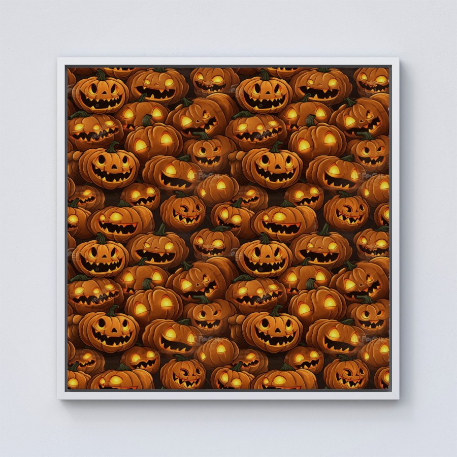 Click to view product details and reviews for Grinning Lanterns Pumpkins With Glowing Eyes Framed Canvas 10 X 10 White.