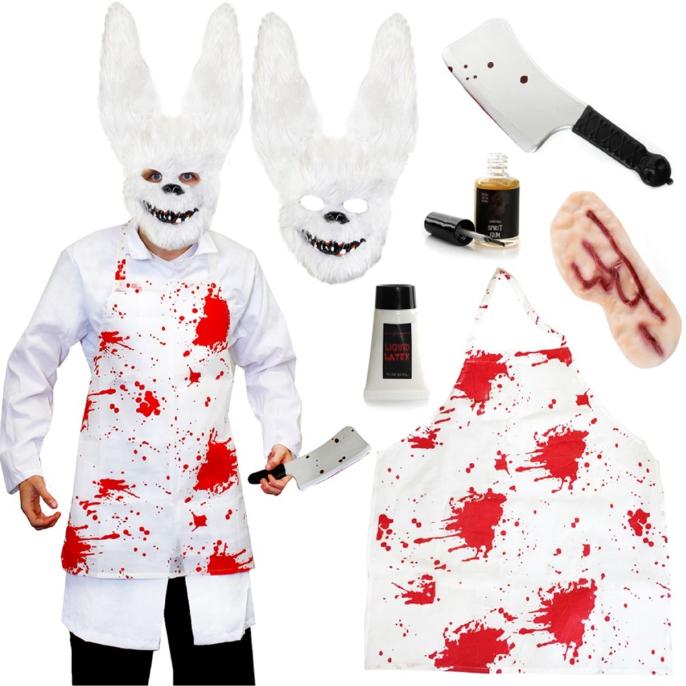Click to view product details and reviews for Deluxe White Rabbit Mask Bloody Apron Cleaver Halloween Fancy Dress Costume Set.