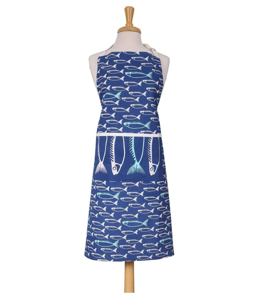 Dexam Adult Apron Marine Blue Fish Print Long Length 100% Cotton Accessory