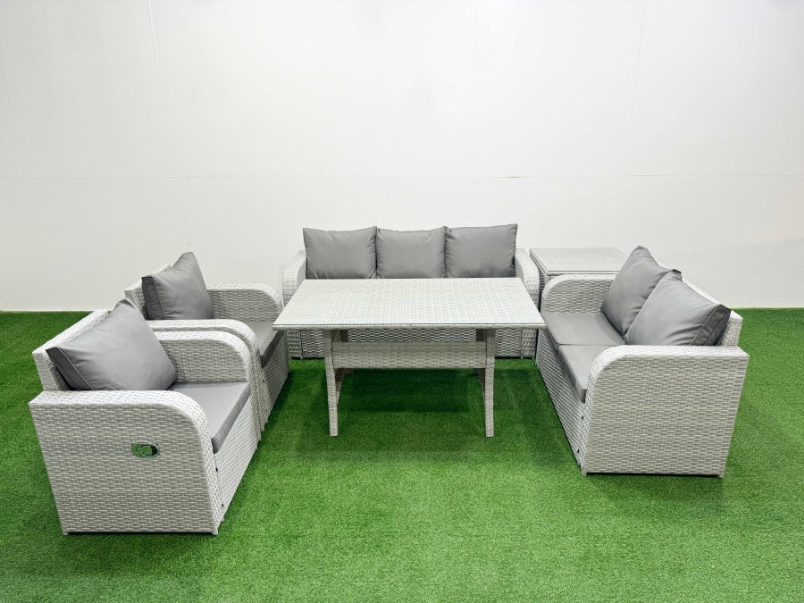 Click to view product details and reviews for Fimous Pe Rattan Garden Furniture Set Reclining Chair Sofa Double Love Seat 2 Seater Sofa Lounge Set Rectangular Dining Table Side Table Light Grey.
