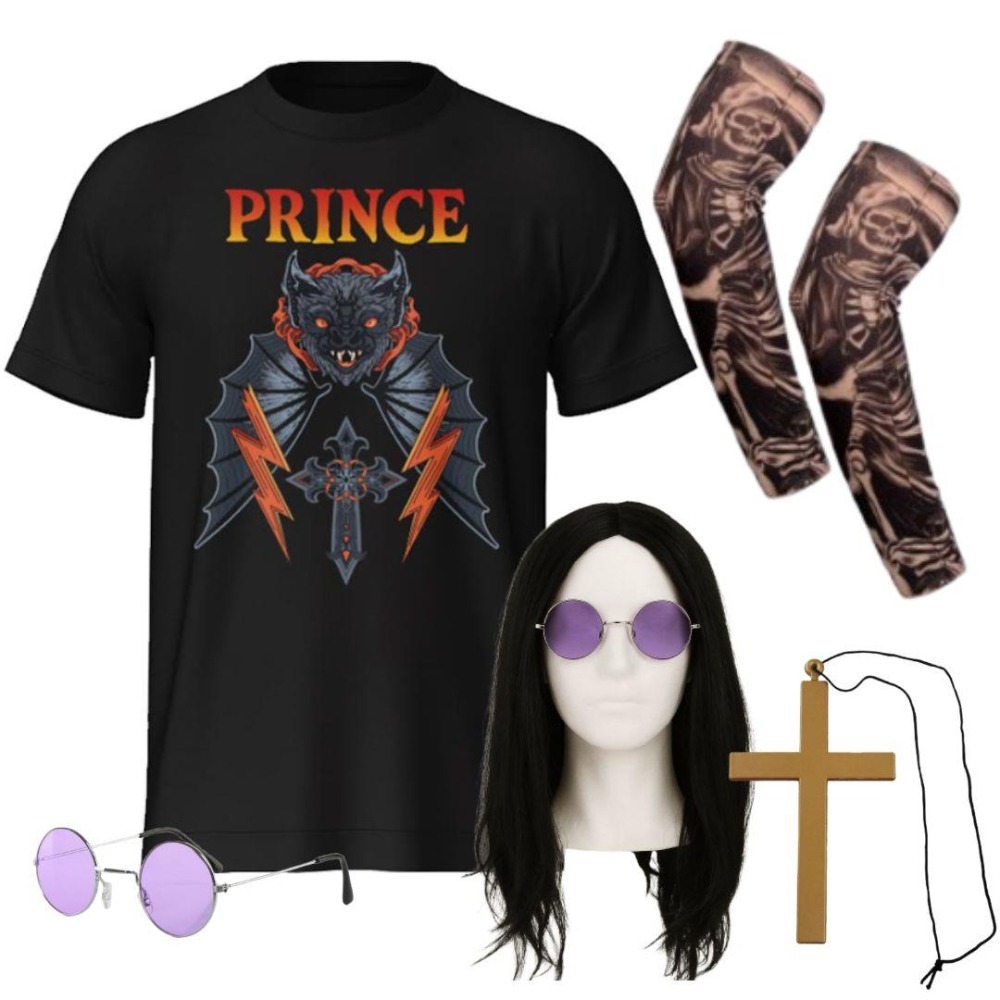 Prince of Darkness Costume | 5 Pcs | T-Shirt, Wig, Glasses, Tattoo Sleeves & Cross Necklace