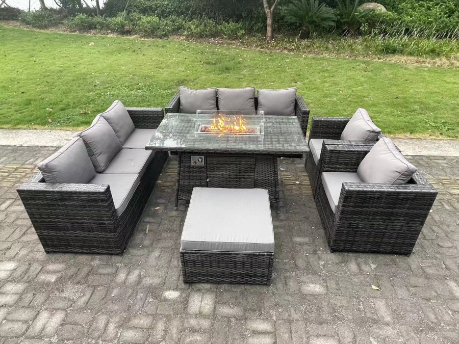Fimous Rattan Garden Furniture Set Gas Fire Pit Lounge Sofa Chair Dining Set with Arm Chair Stools