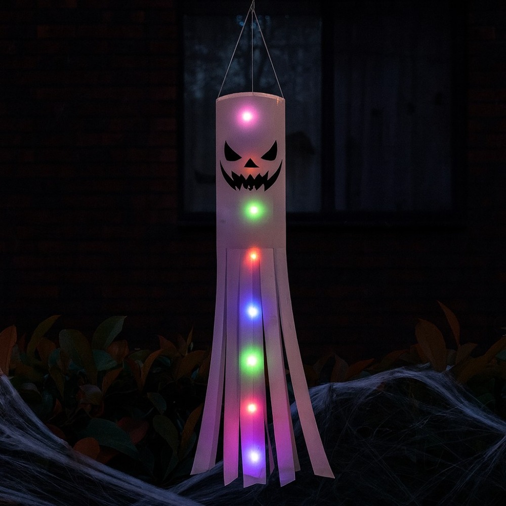 2 Pack Halloween Ghost Windsocks | Hanging Outdoor Flags with 2M LED Lights | Garden & Tree Decorations