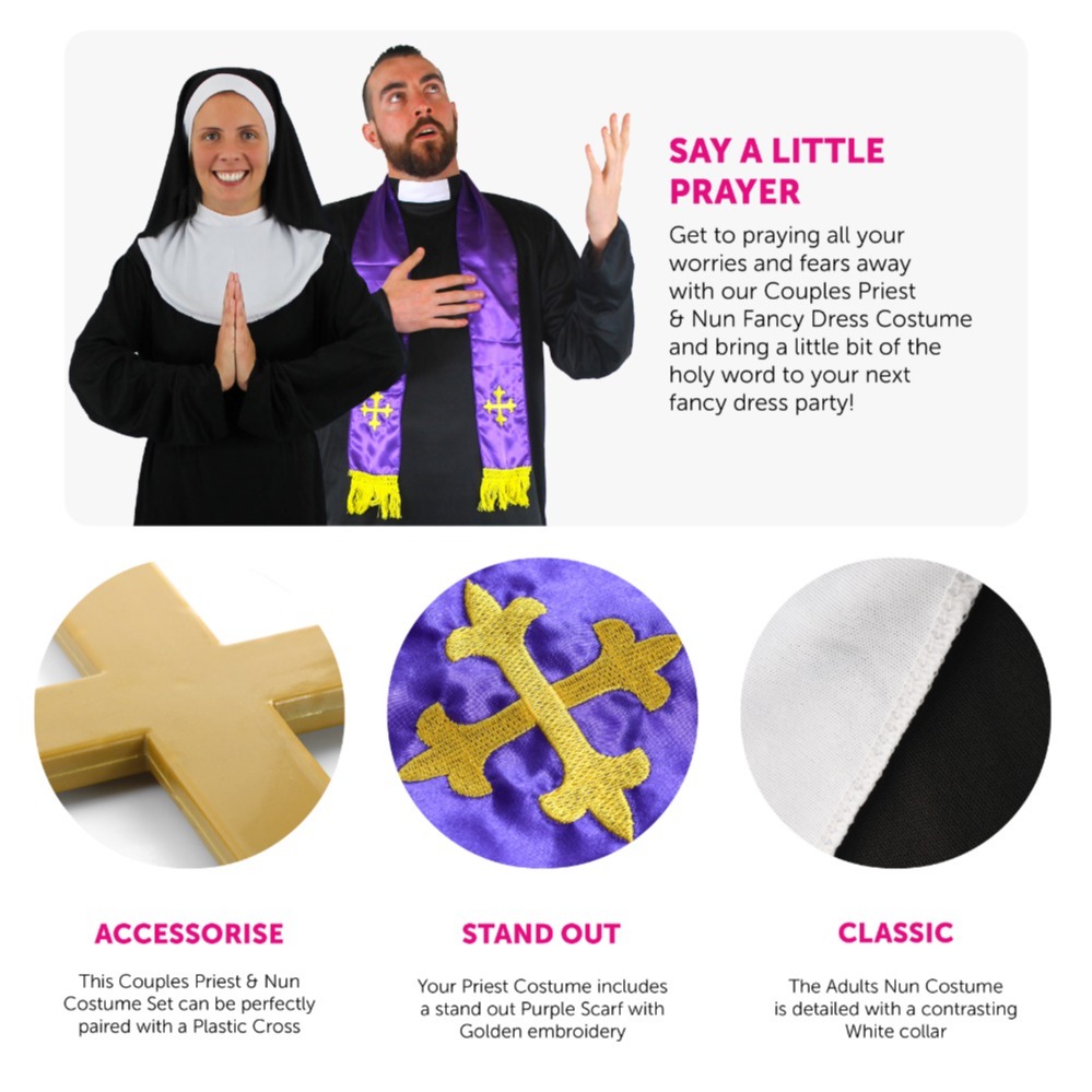 Adults Priest & Nun Couples Costume with Cross Necklace