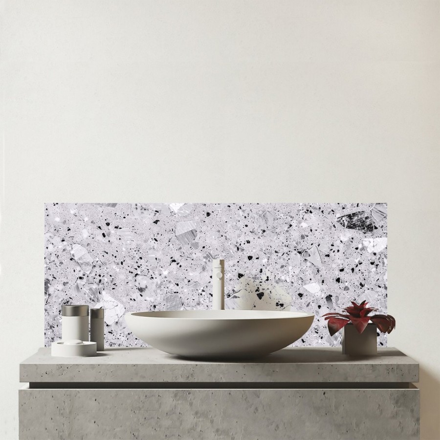 Click to view product details and reviews for Silver Grey Quartz Effect Glass Bathroom Splashback.