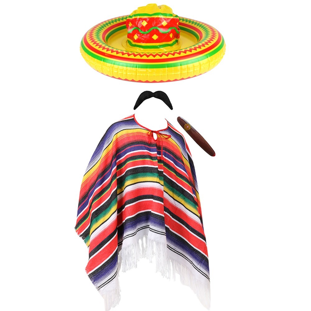 Click to view product details and reviews for Adults Mexican Costume 4 Pcs Inflatable Sombrero Moustache Cigar Multi Coloured Poncho.