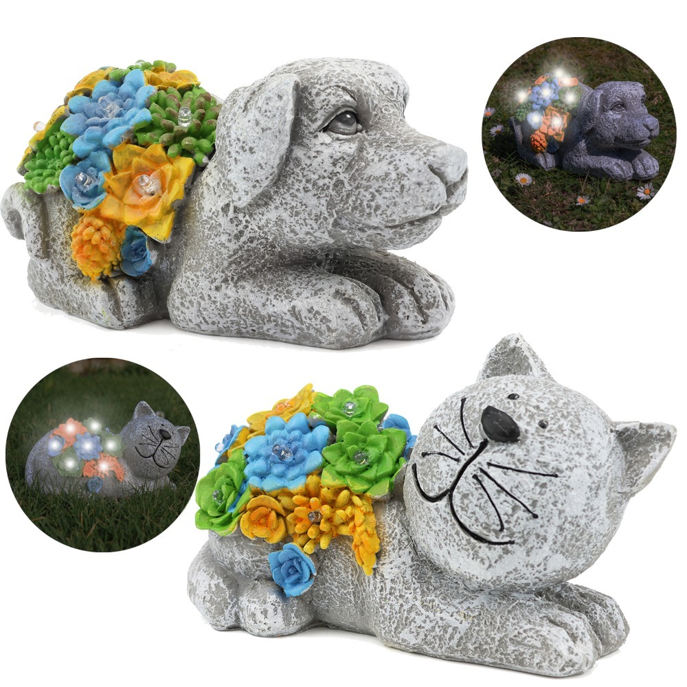 Solar Dog & Cat Statue Set - Dog: 20cm (8 Inch) Cat: 22cm (8.5 Inch) – Garden Ornaments with Succulents & LED Lights