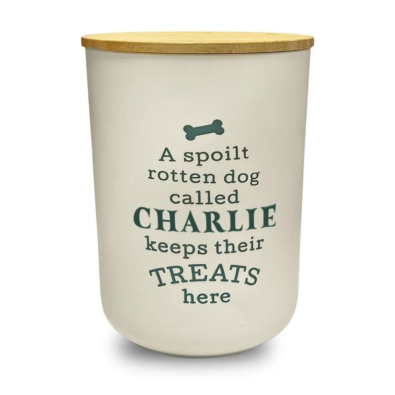 Dog Treat Jar Spoilt Rotten Puppy Pet Homeware Funny Cream Wooden Lid - Charlie