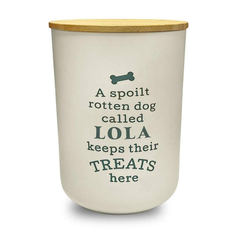 Dog Treat Jar Spoilt Rotten Puppy Pet Homeware Funny Cream Wooden Lid - Lola