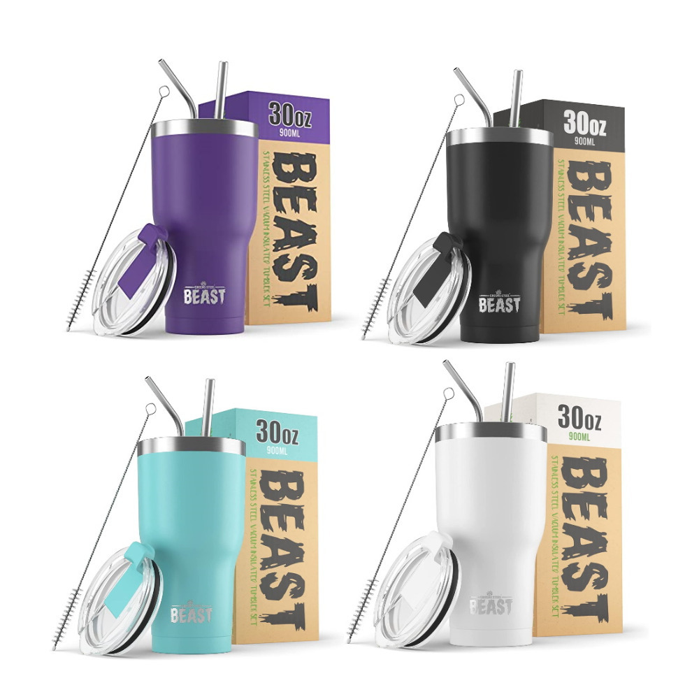 Double Insulated Travel Mug With Lid Coffee Tea 30oz Tumbler Reusable Straws Beast Mug