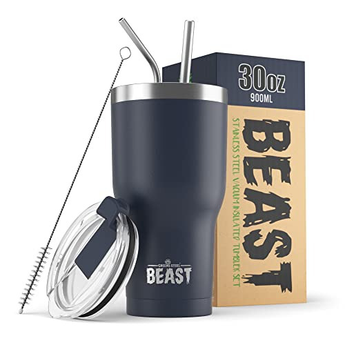 Double Insulated Travel Mug With Lid Coffee Tea 30oz Tumbler Reusable Straws Beast Mug - Navy