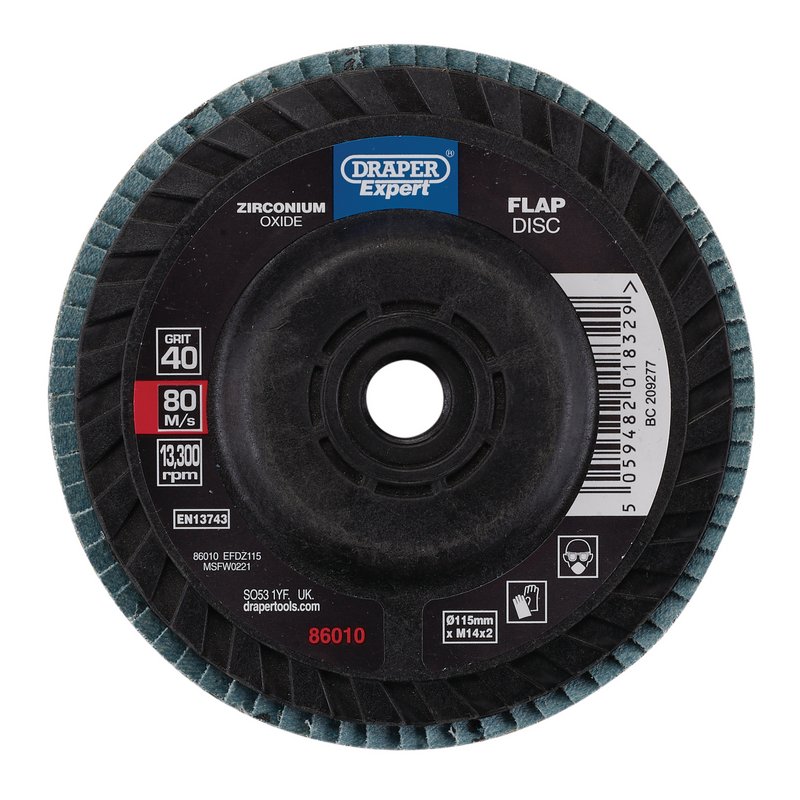 Draper Expert Zirconium Oxide Flap Disc, 115mm, M14, 40 Grit (86010)