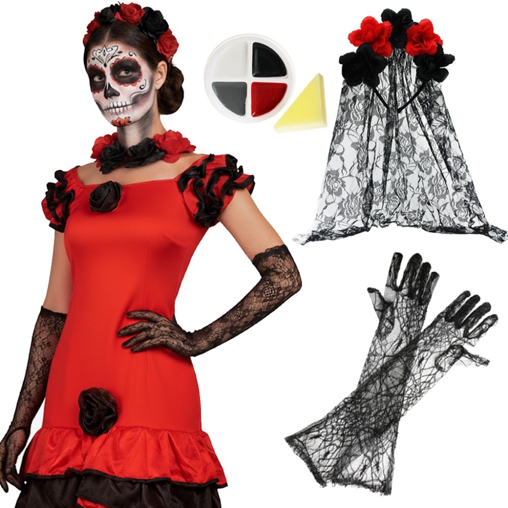 Click to view product details and reviews for Ladies Day Of The Dead Halloween Costume 4 Pcs Rumba Dress Veil Gloves Face Paint Large. Click to view product details and reviews for Ladies Day Of The Dead Halloween Costume 4 Pcs Rumba Dress Veil Gloves Face Paint Large.