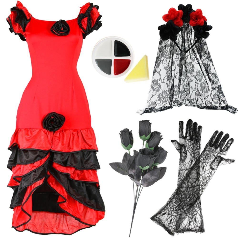 Ladies Day of The Dead Halloween Costume | 5 Pcs | Rumba Dress, Veil, Gloves, Rose Bouquet & Face Paint