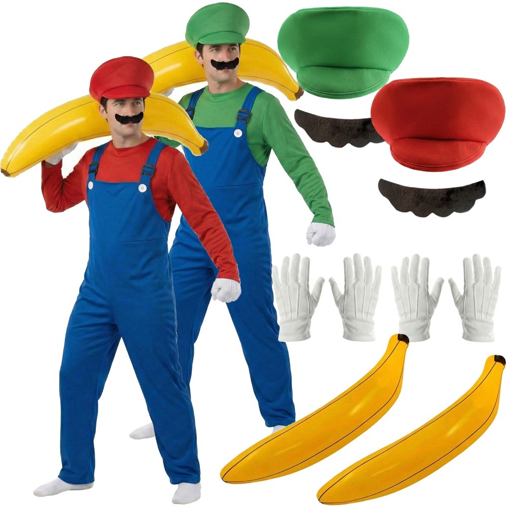 Click to view product details and reviews for Mens Super Workman Duo Costume 12 Pcs Dungarees Top Hat Gloves Tash Inflatable Banana Standard Standard.